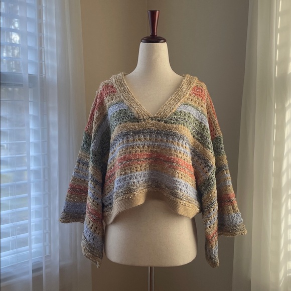 LALAVON Boxy Crop V-Neck Short Sleeve Open Knit Multi Color Sweater Top Size S - Picture 5 of 10